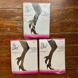 New ON THE GO 3 Pairs Vintage Ultra Sheer Toe Pantyhose Queen XL Off Black NOS